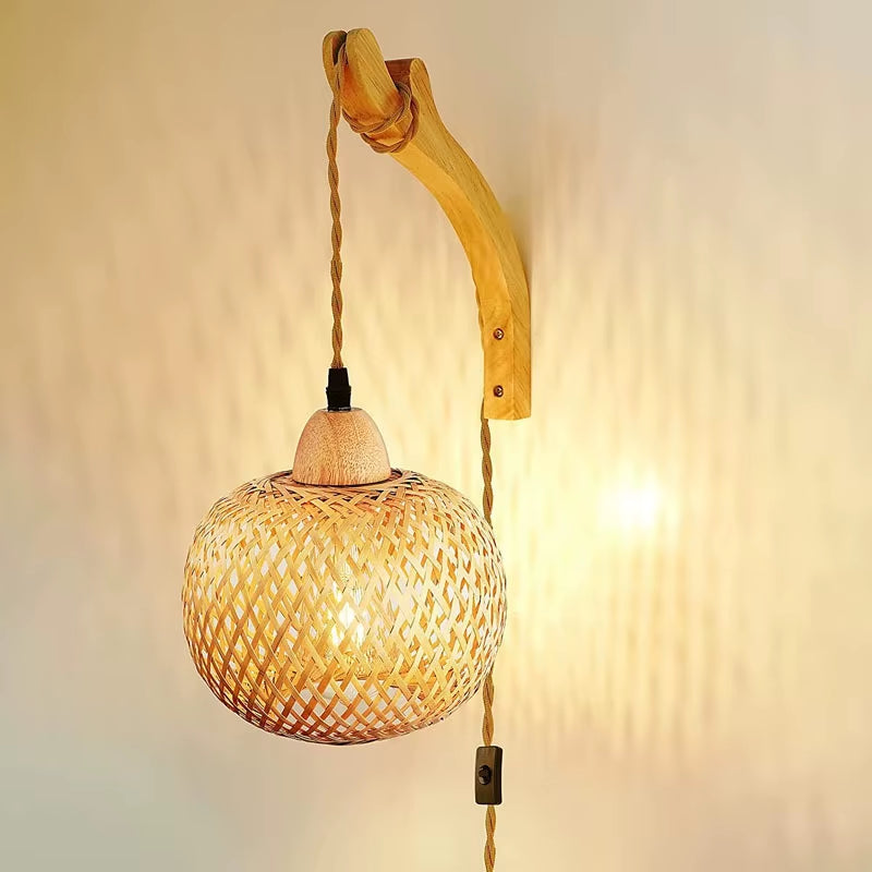 Bamboo Lantern Wall Lamp Natural Rattan Wicker E27 Chandeliers Hand-Woven Bamboo Room Decor Lampshades Wall Light Fixtures