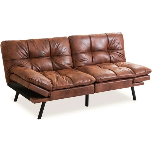 Bed, Leather Futon Couch Foldable Sofas, Natural Brown